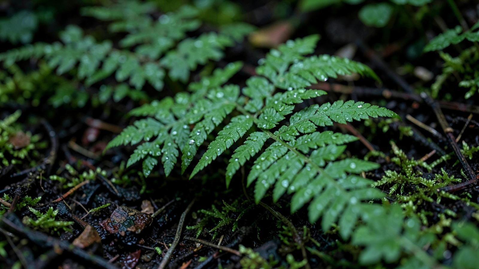 Farnwedel mit Tautropfen auf feuchtem Waldboden
